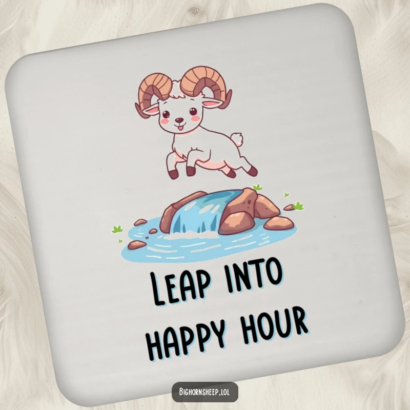 Funny happy bighorn sheep leaping over a stream on a drink coaster. Joyful desert animal table protection accessory.
