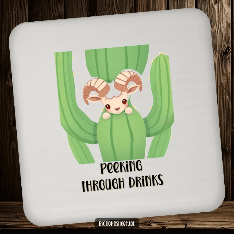 Funny shy bighorn sheep peeking from behind a cactus on a drink coaster. Humorous desert animal table protection.