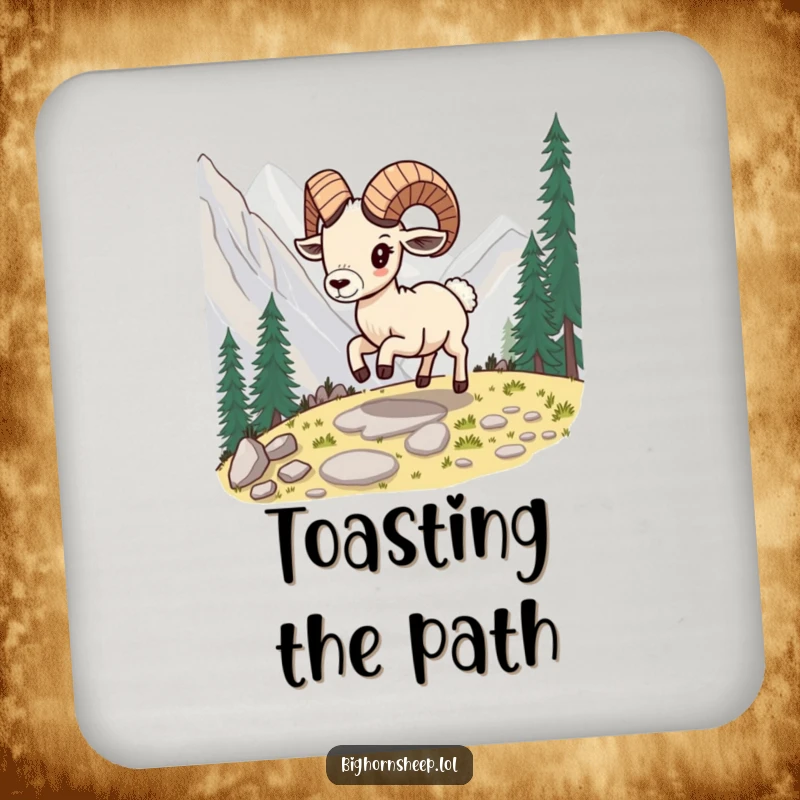 Funny bighorn sheep drink coaster, showing the sheep playfully skipping along a mountain path, adding fun.