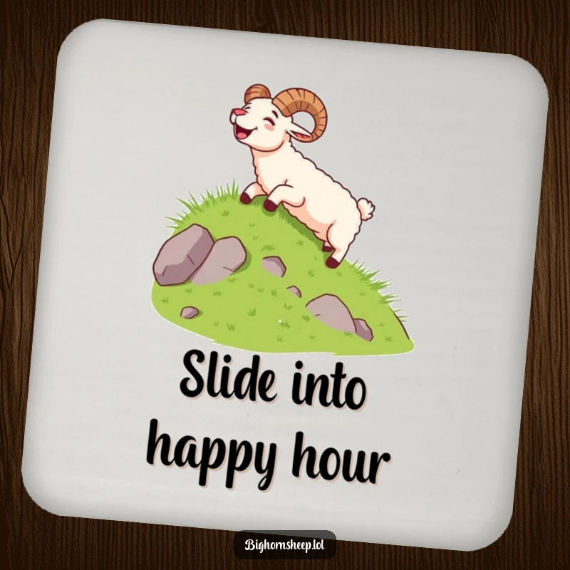 Funny bighorn sheep sliding down a grassy slope with a yell on a protective drink coaster.