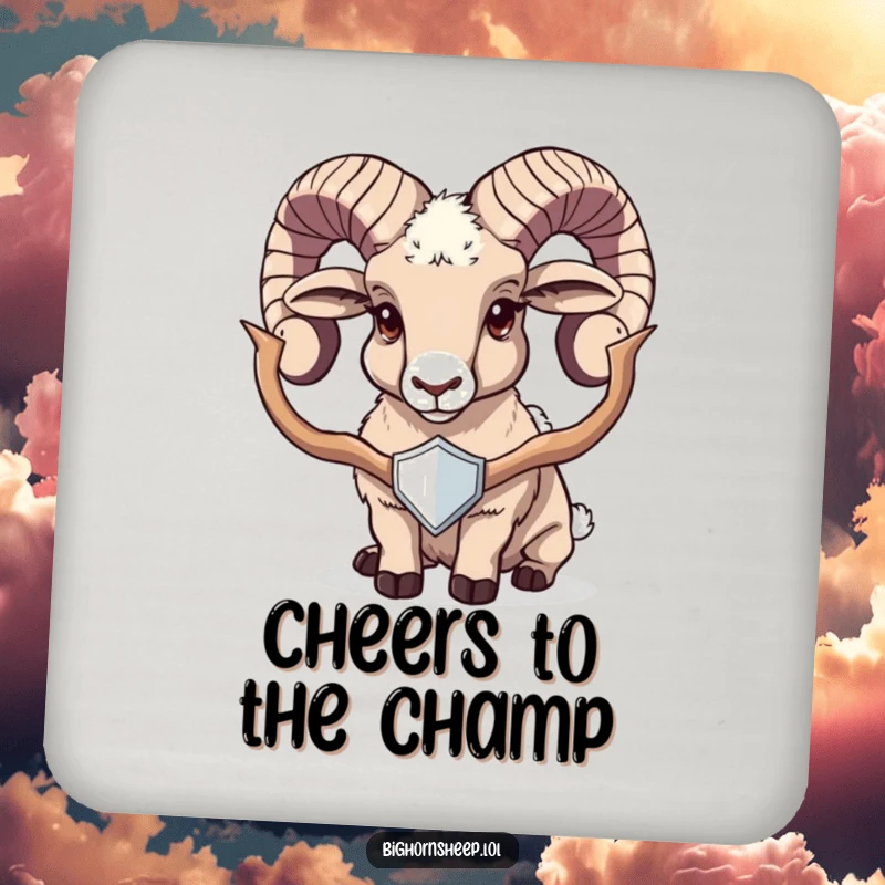 Funny bighorn sheep coaster showing a proud sheep holding a shiny trophy, protecting surfaces with humorous celebration.