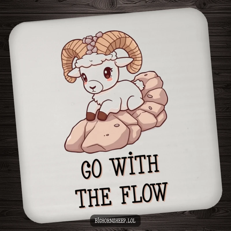 Funny bighorn sheep with pebble crown sliding down a rocky slope on a drink coaster, providing humor and surface protection.