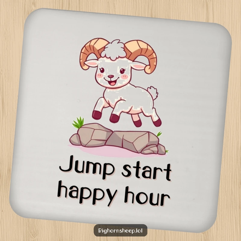 Funny drink coaster featuring a bighorn sheep joyfully leaping over a small gap, adding dynamic flair to drinks.