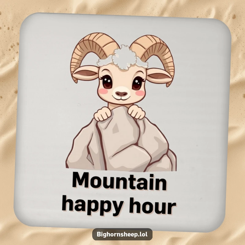 Funny drink coaster featuring a curious bighorn sheep peeking over a rocky outcrop, adding humor to surfaces.