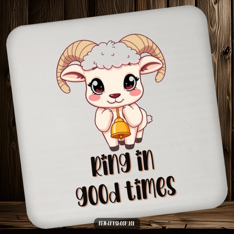 Funny drink coaster featuring a bighorn sheep with big, curious eyes, reaching for a dangling bell, adding charm to drinks.