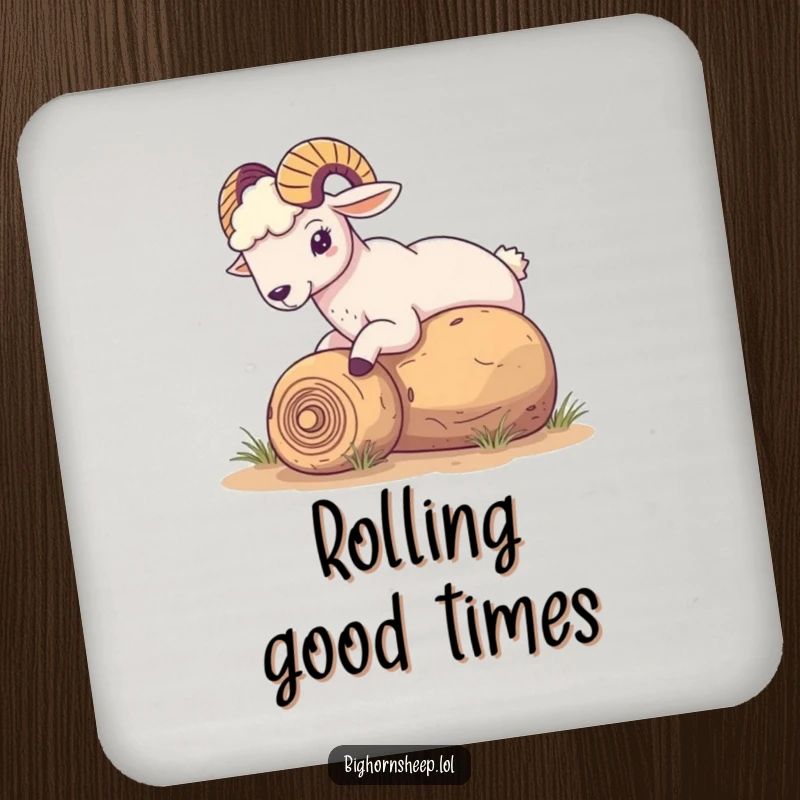 Funny Bighorn Sheep Coaster: Sheep playfully nudging a rolling tumbleweed, adding humorous desert charm and surface protection.