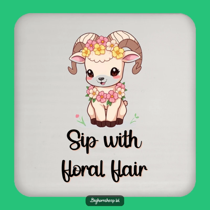 Funny Bighorn Sheep Cub Flower Garland Coaster - Playful Bleat Drink Protector Gift