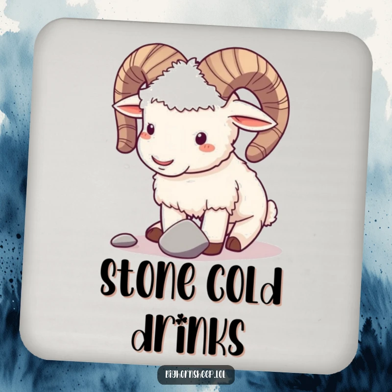 Funny drink coaster featuring a playful bighorn sheep gently butting horns with a small pebble, adding humor to surfaces.