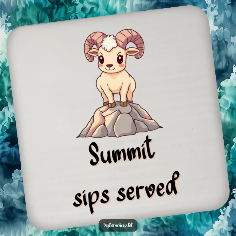 Funny Bighorn Sheep Coaster: A proud, smiling sheep standing on a mountain peak, adding humorous and protective flair to surfaces.