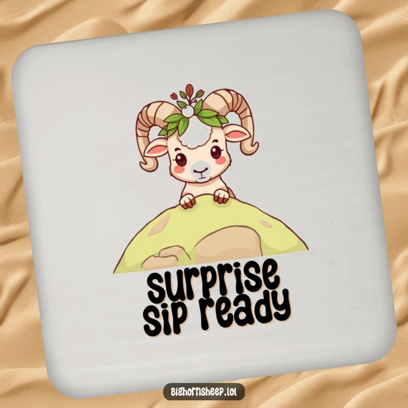 Funny mischievous bighorn sheep coaster, peeking with a leafy crown, protecting surfaces with playful humor.