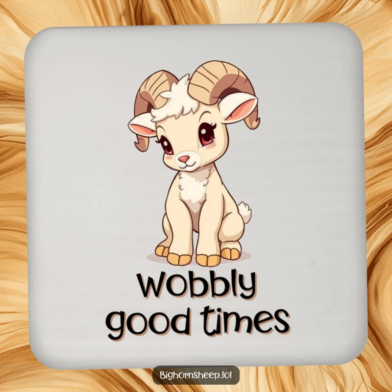 Funny bighorn sheep cub coaster, attempting a majestic pose with a wobble, a humorous and protective accessory for tabletops.
