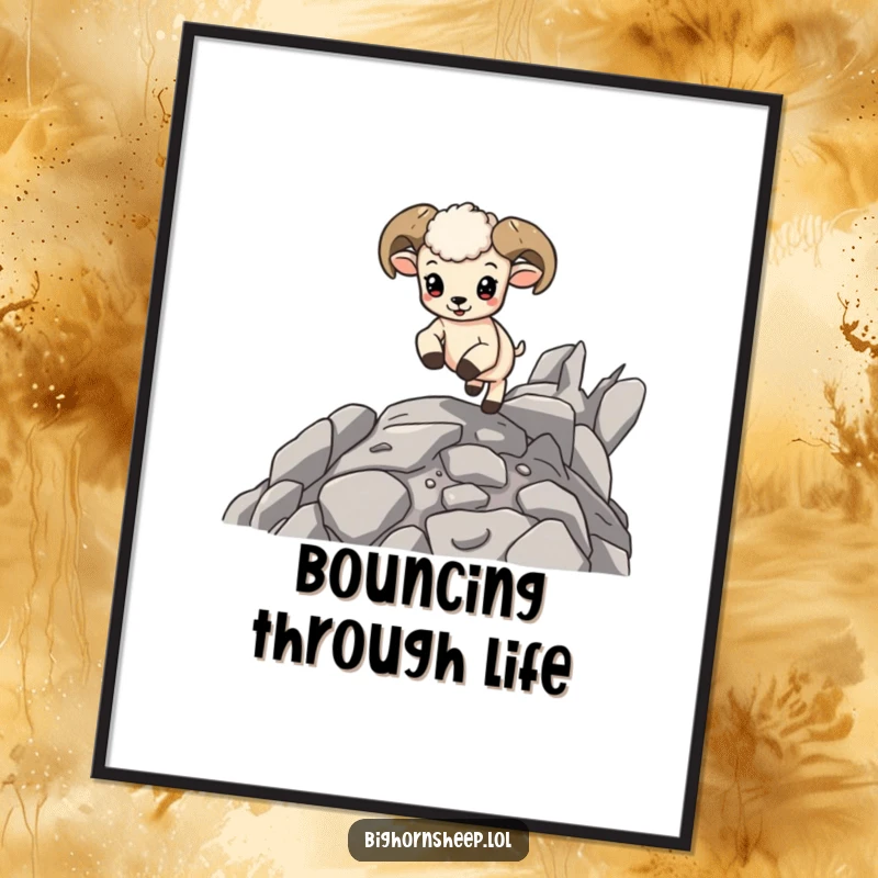 Funny Bighorn Sheep Cub Poster: Adorable baby sheep joyfully bouncing on rocky terrain, bringing energetic and playful vibes to walls.