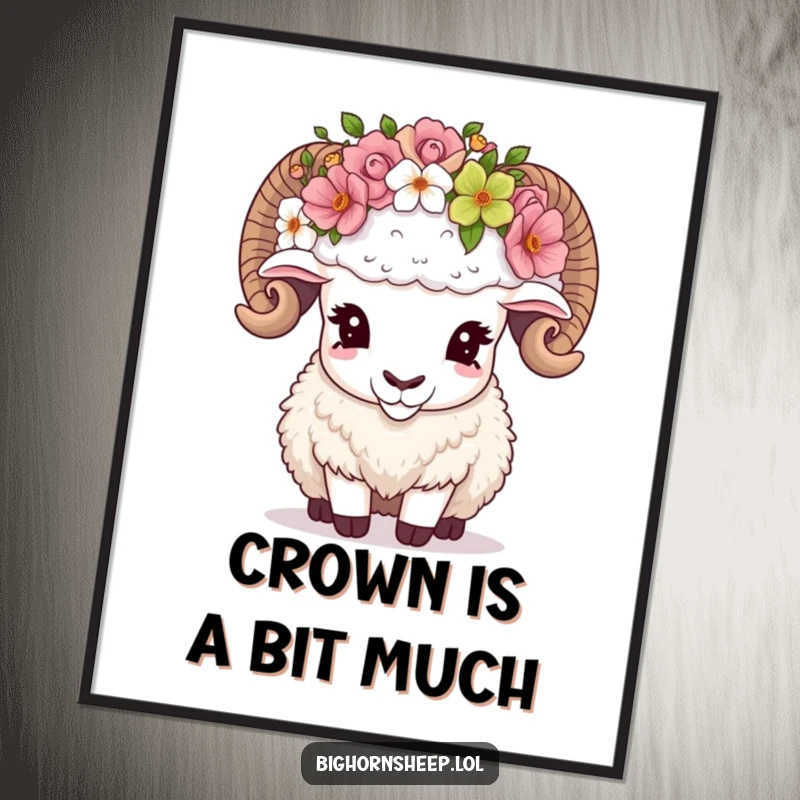 Funny Poster art of a bighorn sheep comically adjusting an oversized flower crown, creating a humorous and iconic mountain scene.