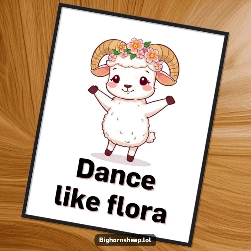 Funny Poster: Cute bighorn sheep wearing a flower crown, joyfully doing a happy little dance.
