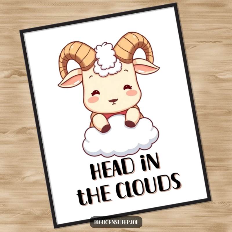 Funny Bighorn Sheep Poster: Adorable sheep with small horns humorously headbutting a soft cloud, adding whimsical charm to any wall.
