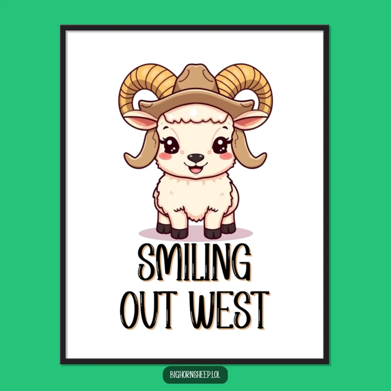 Funny Bighorn Sheep Cowboy Poster: Smiling Ram with Horns, Western Wall Art & Hilarious Gift
