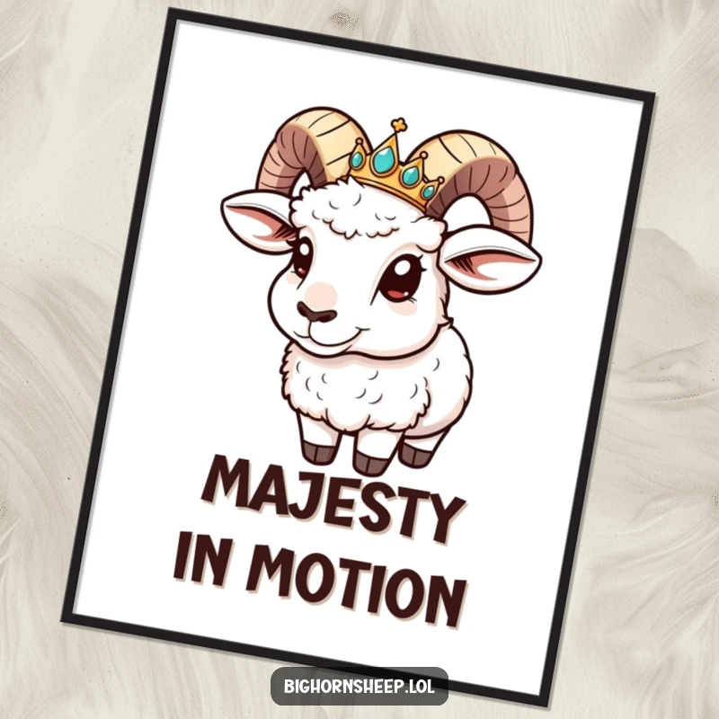 Funny Poster: Bighorn sheep with a tiny jeweled crown comically sliding down its horn, adding humor to decor.