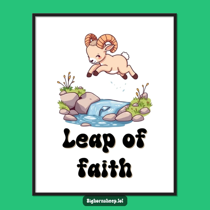Funny Bighorn Sheep Cub Leaping Poster, Majestic Hilarious Wall Art Gift
