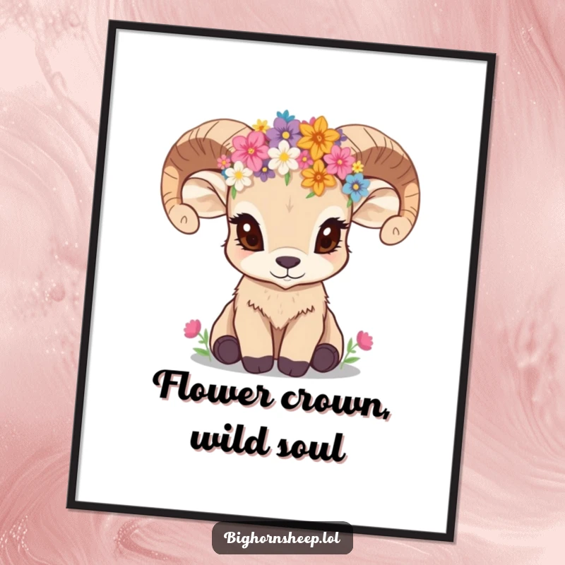 Funny bighorn sheep cub wearing a wildflower crown, gazing inquisitively, presented as wall art poster.
