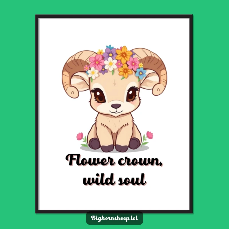 Funny Bighorn Sheep Cub Wildflower Crown Poster a Whimsical Wall Art Gift