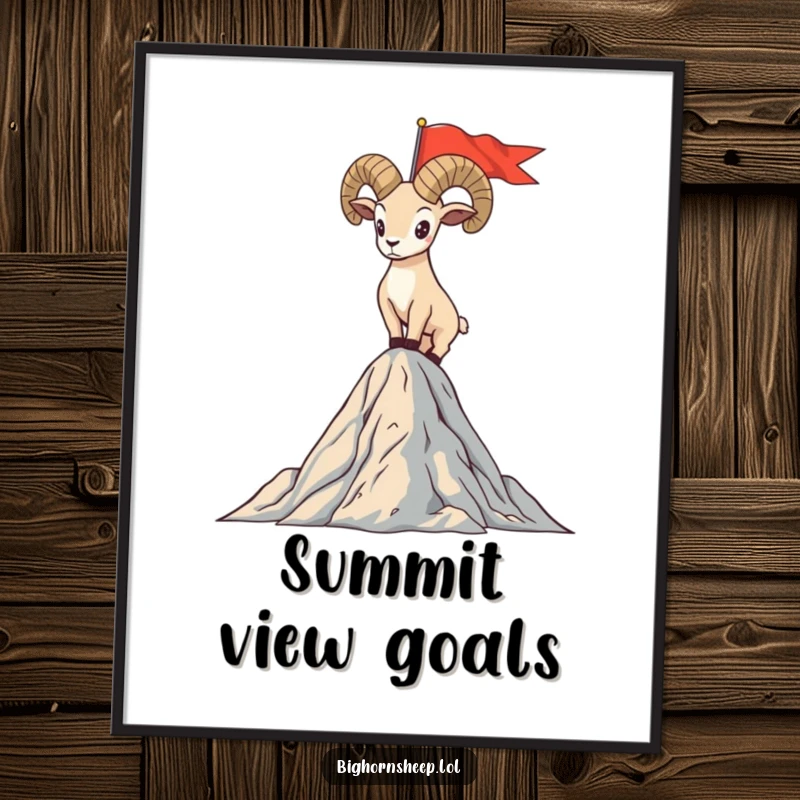 Funny poster depicting a bighorn sheep standing proudly on a mountain peak, planting a flag with hilarious triumph.