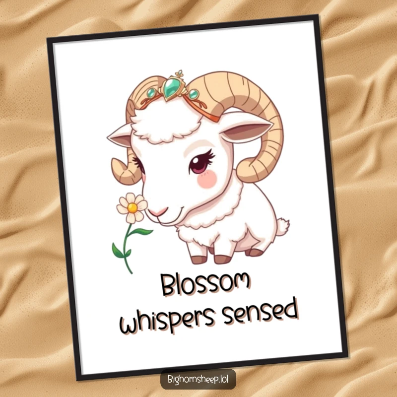 Funny bighorn sheep poster art, a sheep with a jeweled headband curiously sniffing a flower, capturing gentle nature's humor.