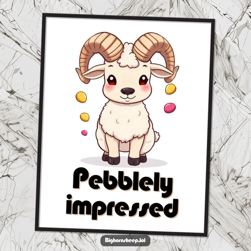 Funny bighorn sheep performer juggling pebbles with its horns, depicted in a humorous and visually appealing poster.