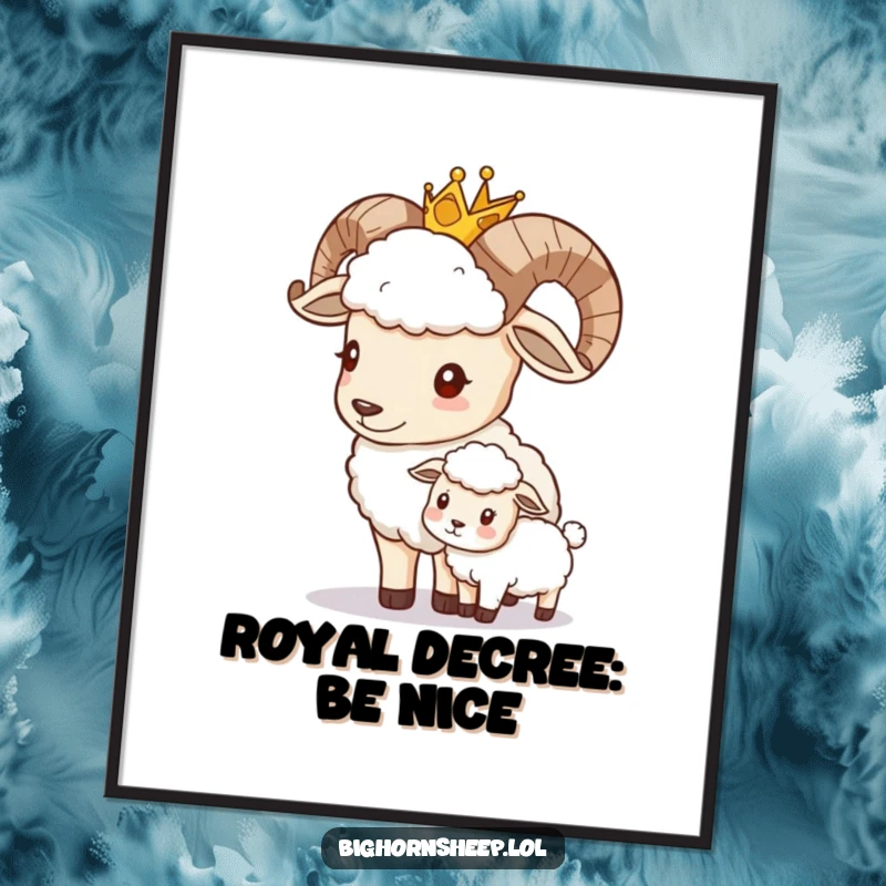 Funny crowned bighorn sheep gently nudging a smaller sheep, presented as humorous and regal wall art.