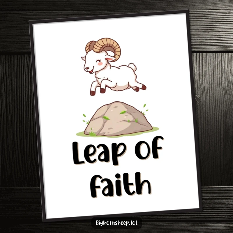 Funny Bighorn Sheep Poster: A depicted jubilant sheep completing an energetic leap over a small mound, full of glee.