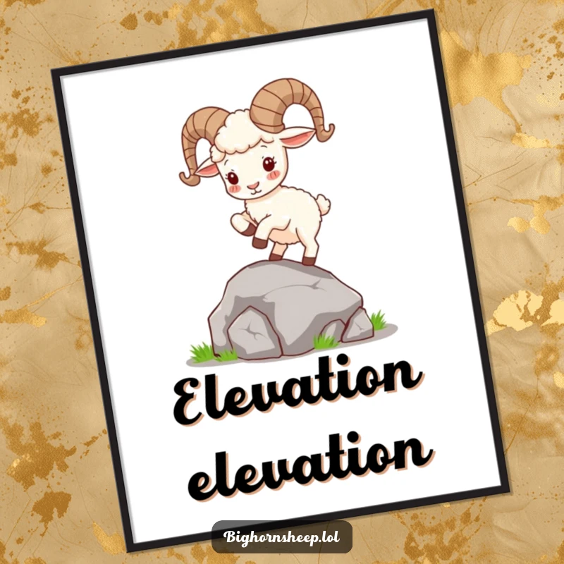 Funny Bighorn Sheep Poster: Cute sheep with curly horns humorously hops on a rock, bringing playful energy and mountain vibes to wall art.