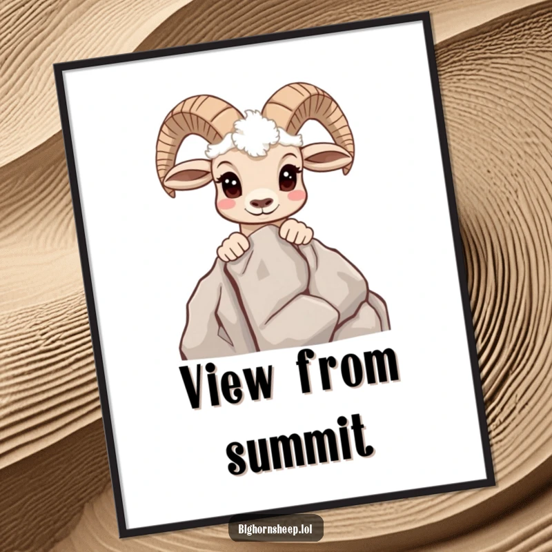 Funny poster art of a curious bighorn sheep peeking over a rocky outcrop, conveying interest and wonder.