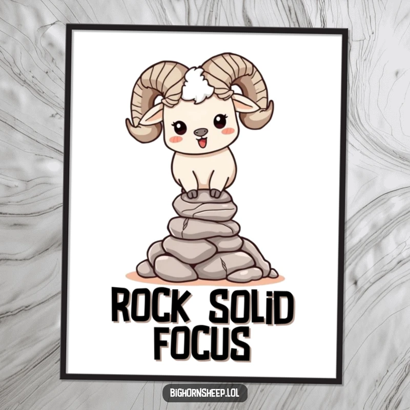 Funny, happy bighorn sheep character carefully balancing a stack of small stones on a poster, conveying peaceful concentration.