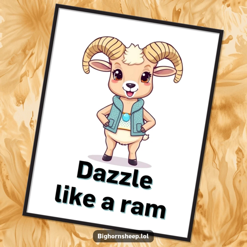 Funny bighorn sheep poster, a delighted sheep striking a proud pose in a sparkly vest, humorous wall art.