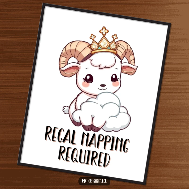 Funny bighorn sheep poster art, a sheep in a glittering tiara playfully headbutting a cloud, adding a touch of whimsical humor.