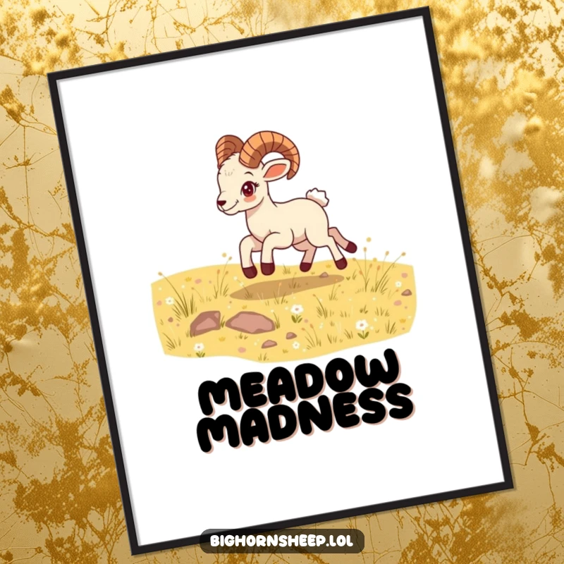 Funny bighorn sheep cub poster, bounding energetically across a sunny meadow, capturing hilarious joy and vibrant freedom.