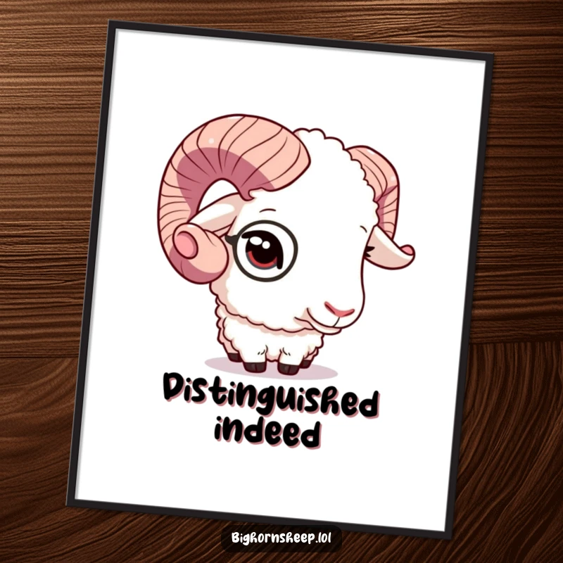 Funny bighorn sheep with a monocle, winking charmingly, presented as a sophisticated and humorous poster print.