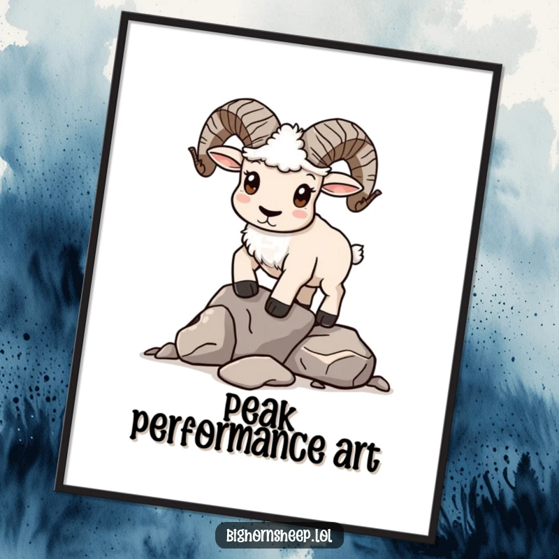 Funny Poster: Bighorn sheep with a determined expression, precariously balancing a stack of rocks humorously.