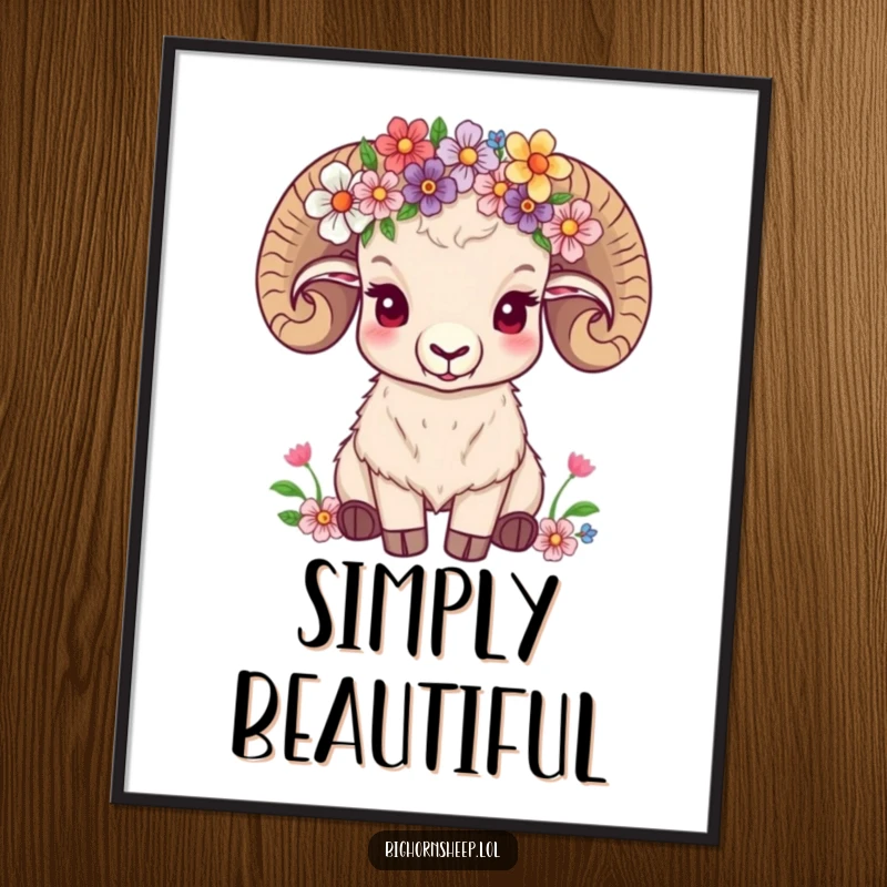 Funny bighorn sheep wearing a crown of wildflowers, looking content and relaxed, presented as serene wall art.