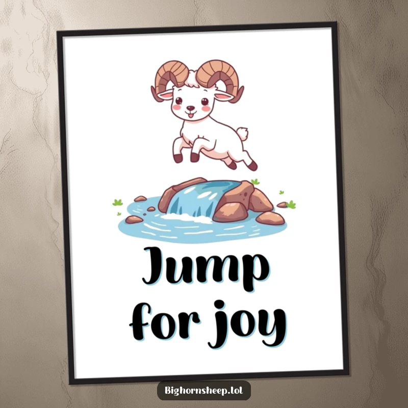 Funny happy bighorn sheep captured mid-leap over a small stream on a vibrant poster. Uplifting desert wildlife art.