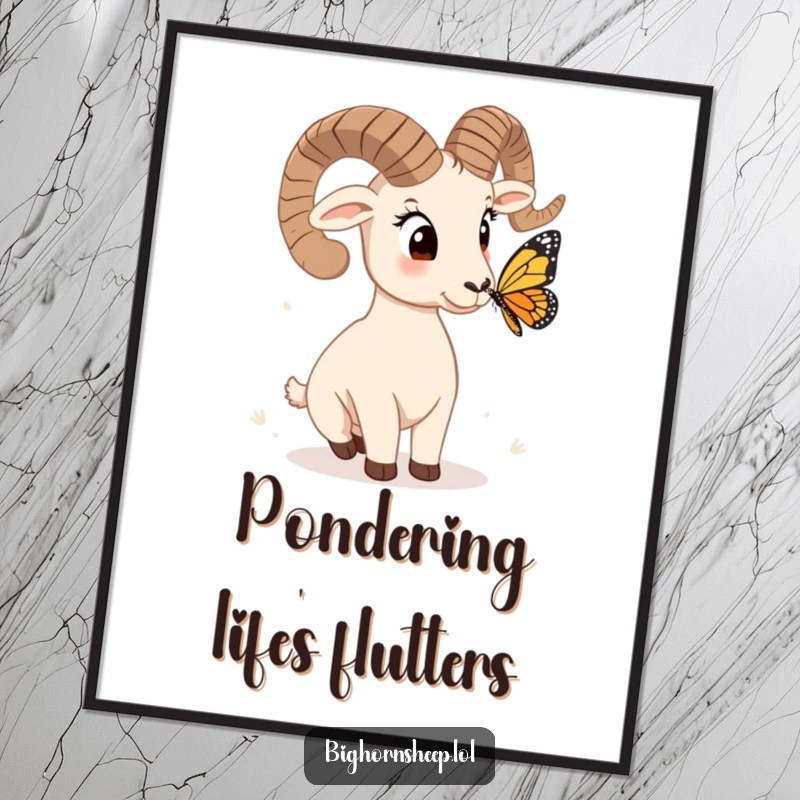 Funny bighorn sheep poster, head tilted in quizzical observation of a butterfly, a humorous and artful addition to any room.
