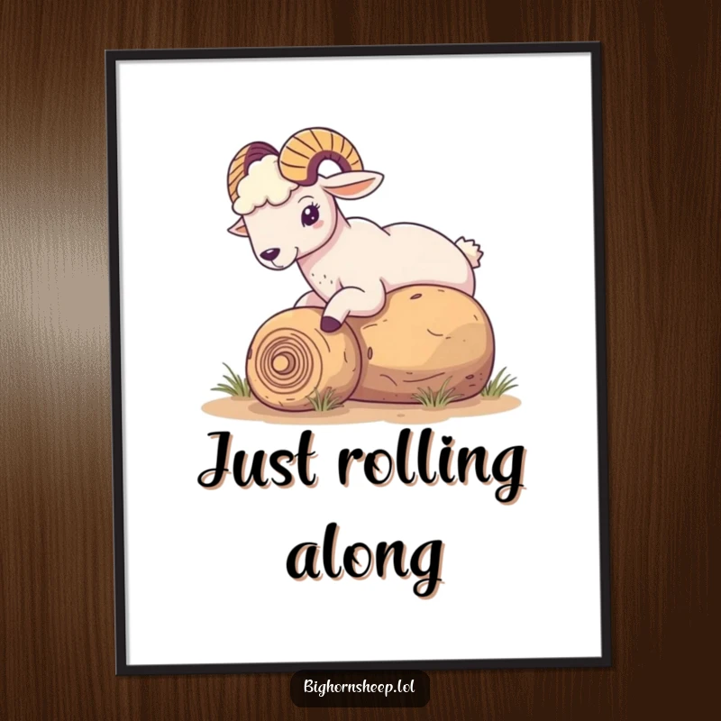Funny Bighorn Sheep Poster: Sheep playfully nudging a rolling tumbleweed, bringing whimsical desert humor and charm to any wall.