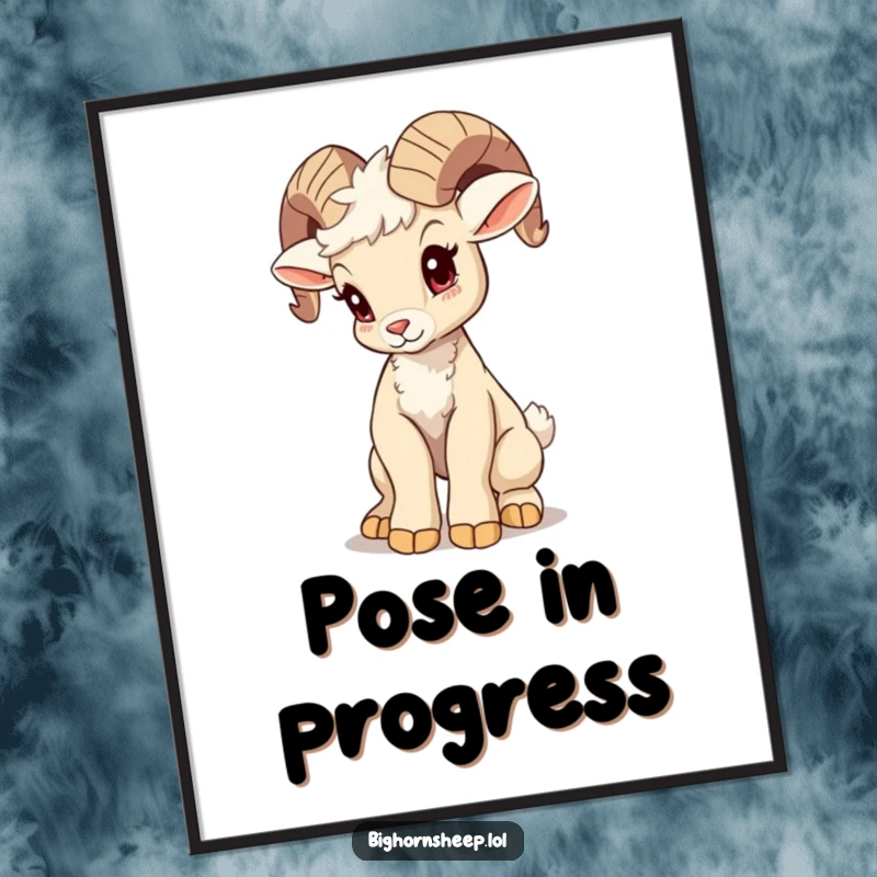 Funny bighorn sheep cub poster, attempting a majestic pose with a wobble, capturing hilarious effort and adorable determination.