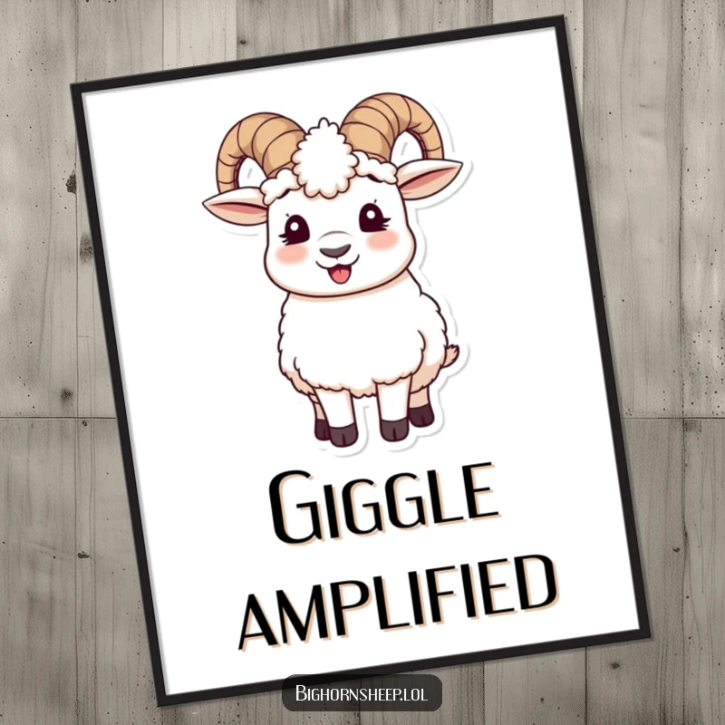 Funny poster featuring a charmingly giggling bighorn sheep, its wooly ear muffs perched hilariously askew, adding whimsy to any room.