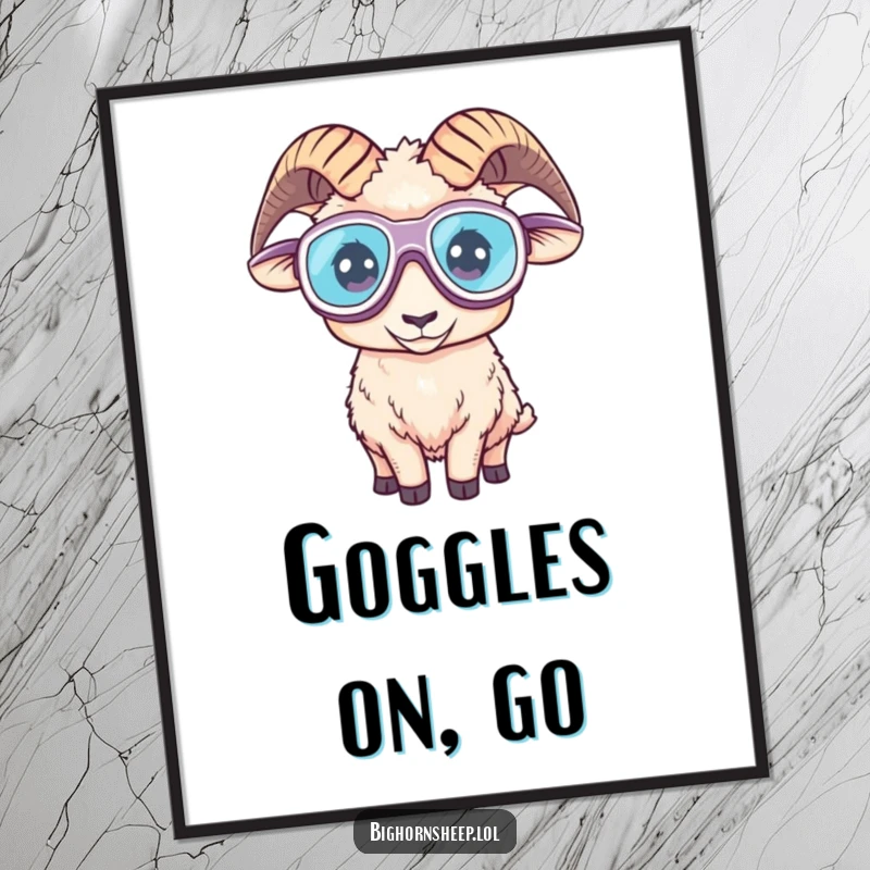 Funny poster depicting a bighorn sheep confidently wearing oversized goggles, exuding a comical spirit of adventure.