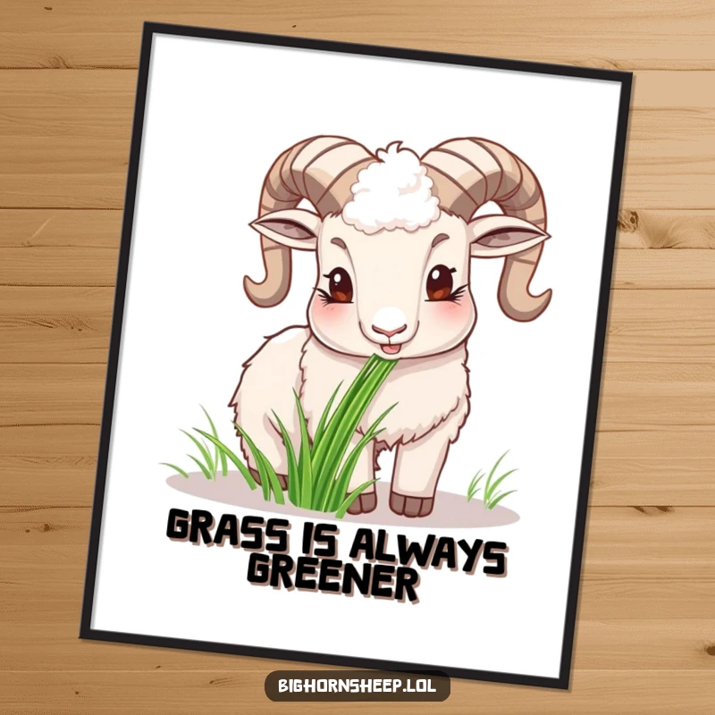 Funny happy bighorn sheep poster, capturing the sheep's blissful moment while chewing grass, exuding peace.