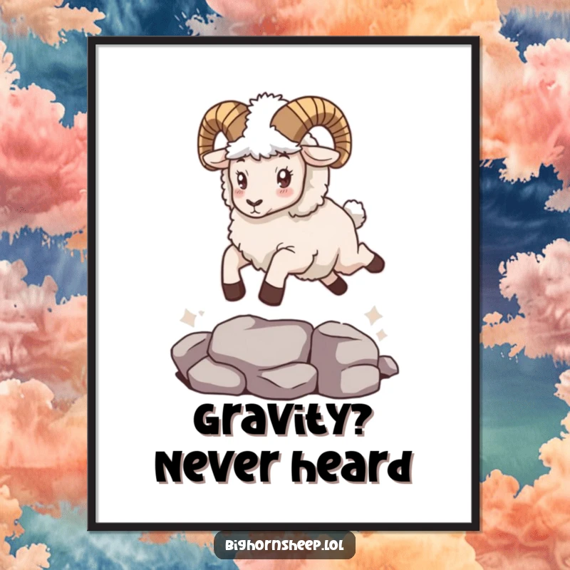 Funny bighorn sheep in a fuzzy cape, dramatically leaping over a small gap, creating whimsical and humorous wall art.