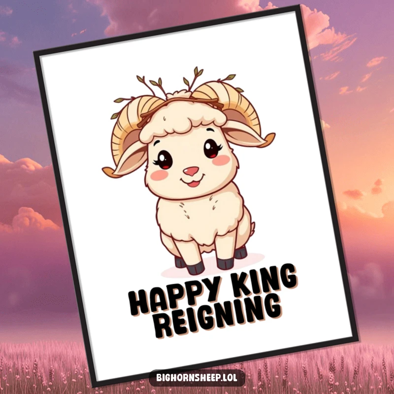 Funny bighorn sheep poster, a cheerful sheep crowned with twigs, waving happily, whimsical wall art.