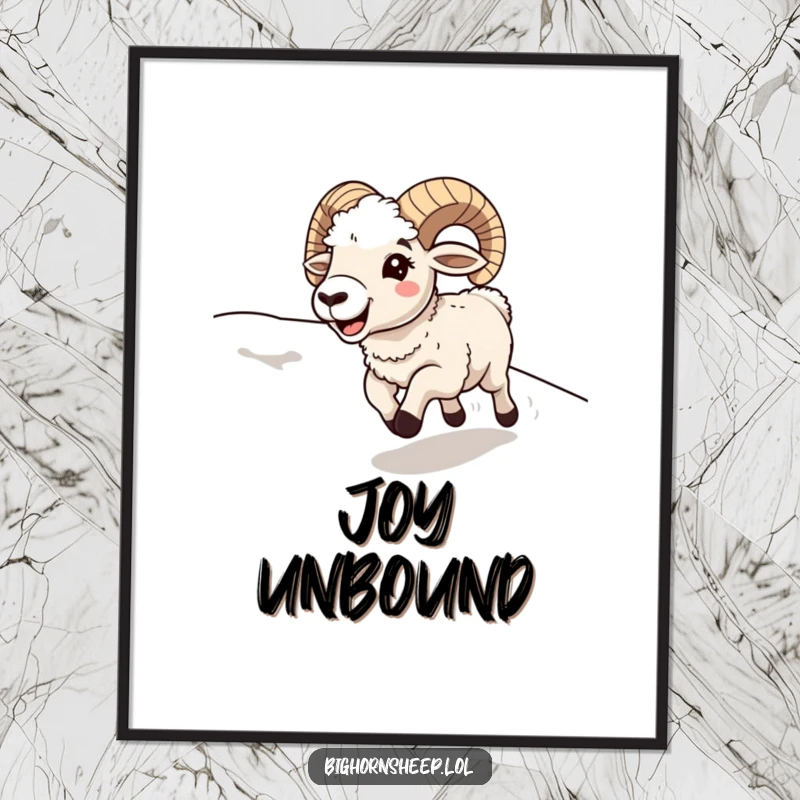 Funny bighorn sheep joyfully running downhill with an open mouth, creating dynamic and humorous wall art.