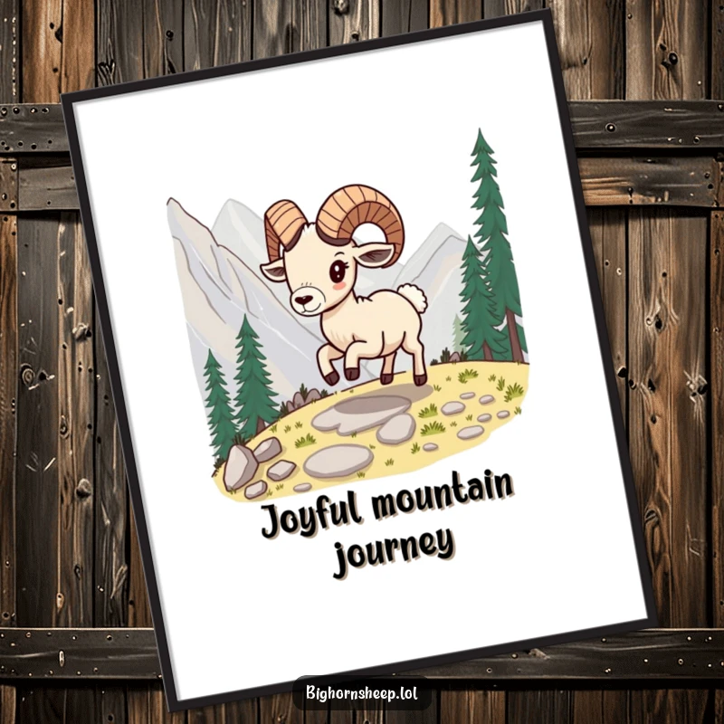 Funny bighorn sheep poster, showing the sheep playfully skipping along a mountain path, full of life and movement.