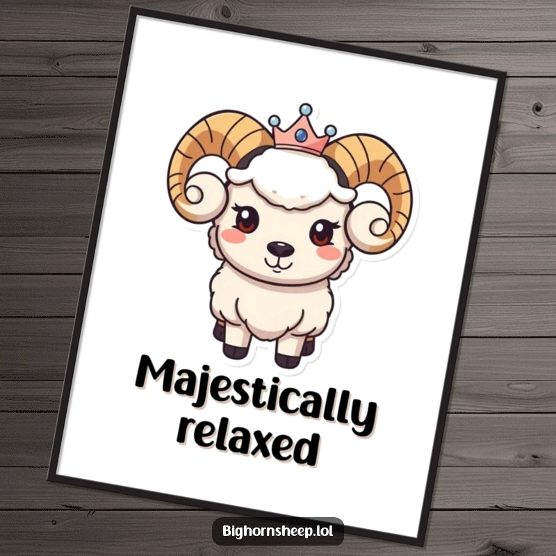 Funny poster featuring a bighorn sheep character with a peaceful smile and a small, delicate crown, radiating gentle authority.